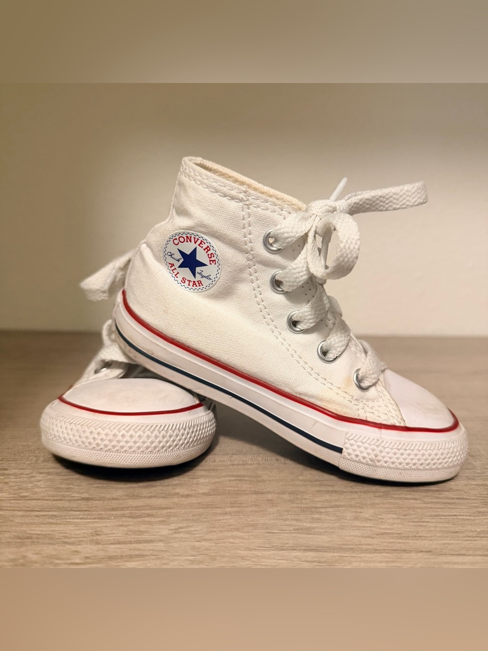Converse White High-Top Kids Canvas Sneakers with Red & Blue Trim